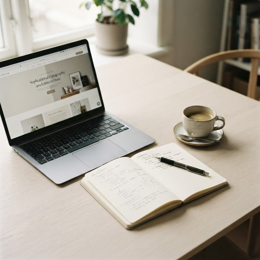 A laptop showing a clean website homepage on a warm, minimal desk with a notebook and coffee.